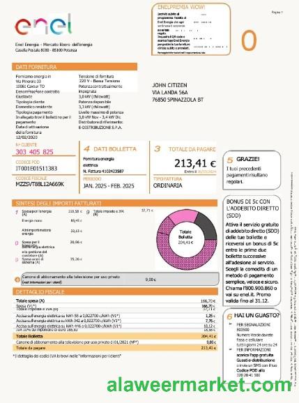 Italy Enel Energia utility bill Word and PDF template